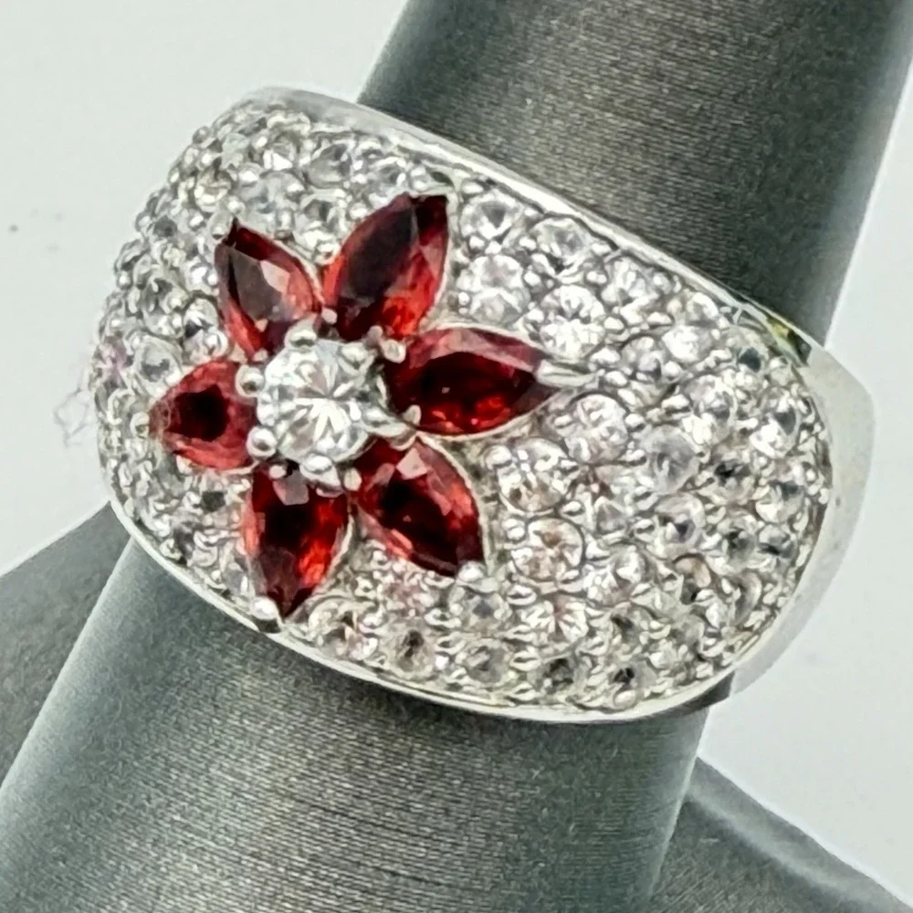 Vtg Sterling Silver 925 Ruby & White Topaz Ring Dome Pave Sz 7 HSN QVC Kelly Ann